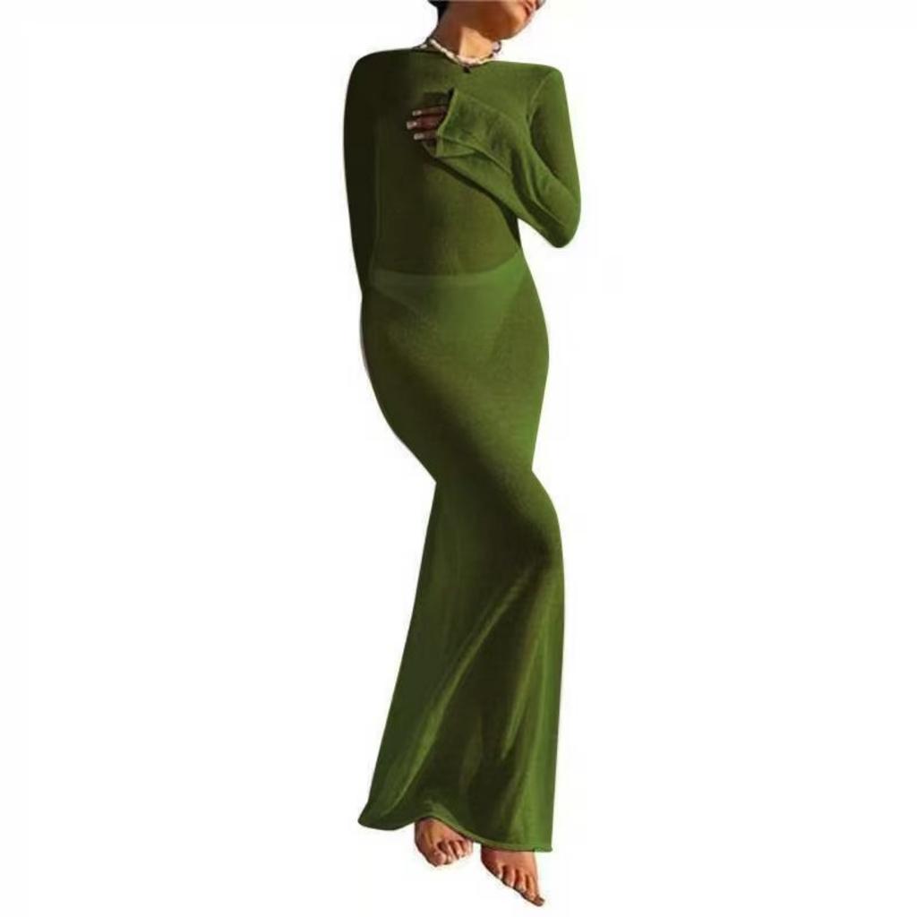 LYRIA Fashion Women Wrapped Dress Long Sleeve Round Neck See Through Sunscreen Solid Color Backless Beach Long Dress Summer Cover Up
