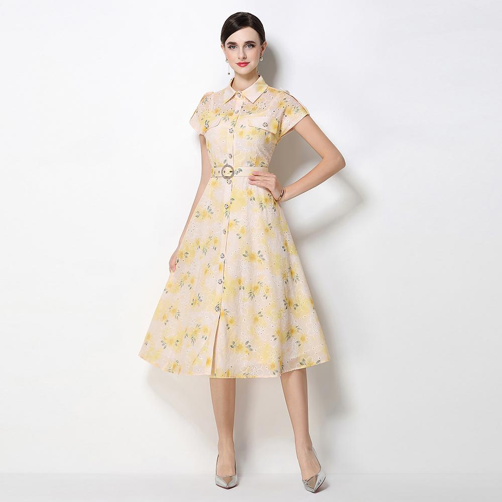 

Нежное розово-зелено-желтое вышитое принтованное платье-рубашка с опущенной линией плеча для женщин, летнее, на пуговицах, с поясом, облегающее, миди S светло-желтого