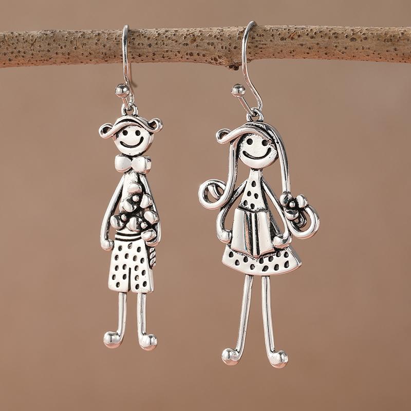 Vintage Silver Color Metal Geometry Carving Small Person Pattern Dangle Earrings for Women Jewelry