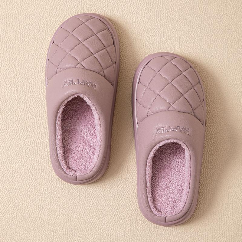 Warm waterproof cotton slippers men's winter PU leather indoor non-slip thick-bottomed velvet cotton slippers women