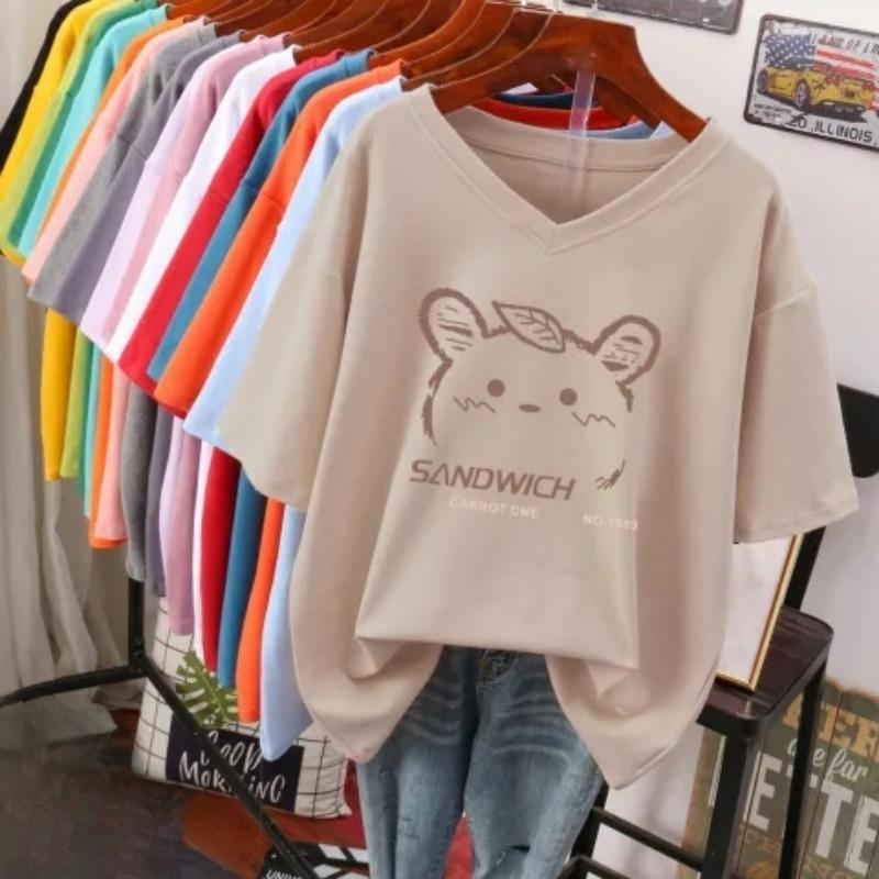 

Футболка с коротким рукавом, Свободного кроя, Приталенный топ с V-образным вырезом с принтом для женщин 5XL абрикосовый