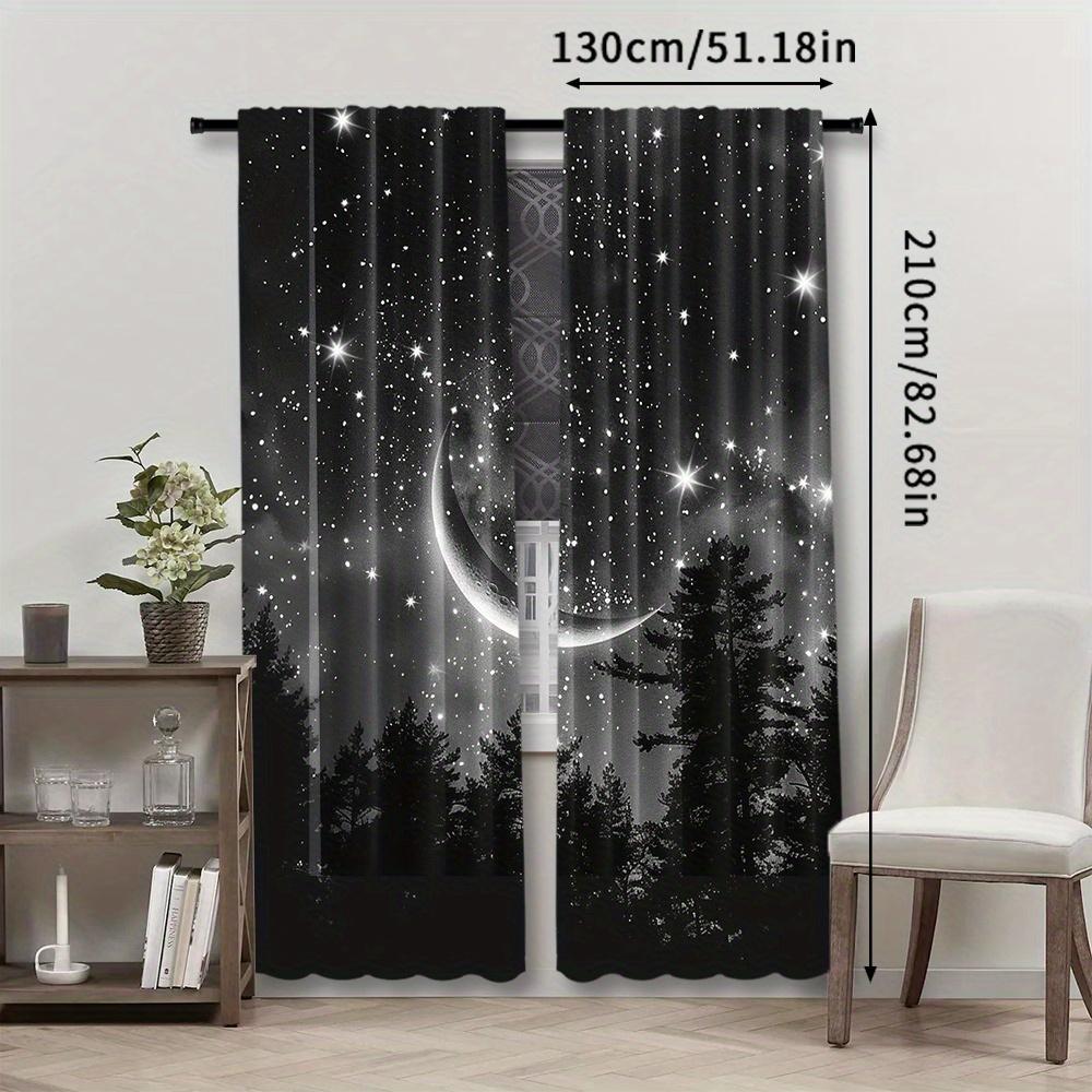 2pcs Forest Starry Sky Moon Night Curtains - Black Rod Pocket Window with Crescent Moon & Starry Sky Design   Perfect for Bedroom