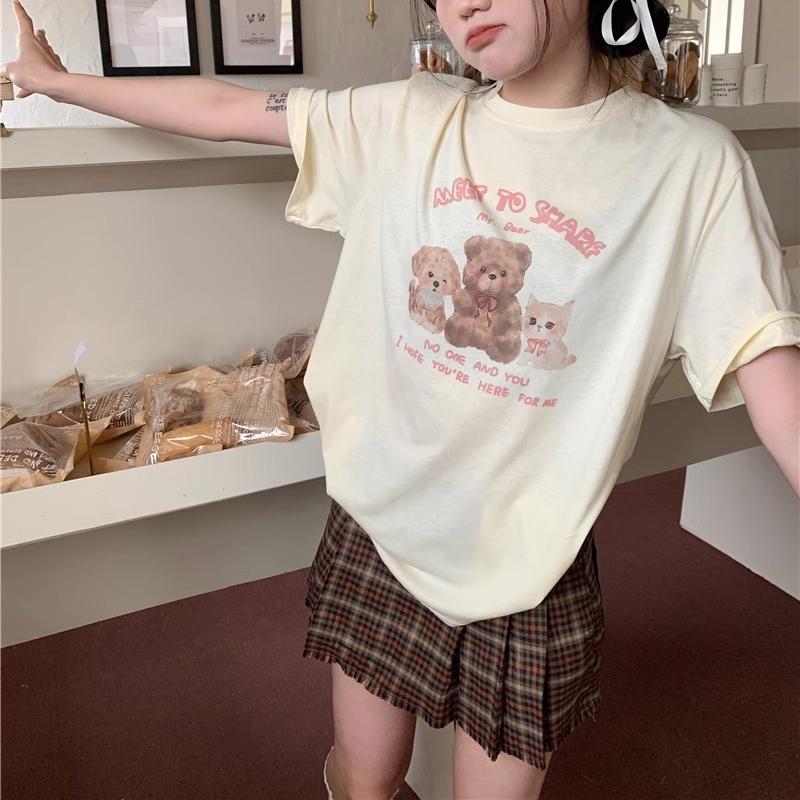 Summer Women Funny Cartoon Print T-Shirt Harajuku Round Neck Loose Casual Y2K Tops Young Girl Graphic T Shirts Pink Streetwear