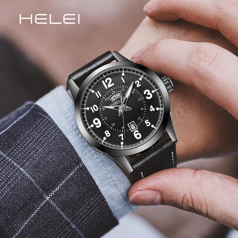 HELEI Wasserdichte Herren-Quarzuhr mit echtem Lederarmband - Modell H9019