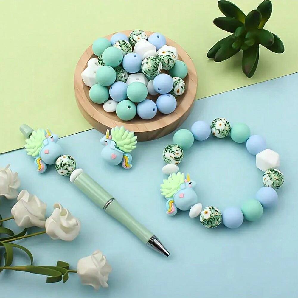 30PCS Silicone Bead Set - Cute Dinosaur, Plant & Flower Designs for DIY Jewelry, Keychains, Bracelets & Craft Pens