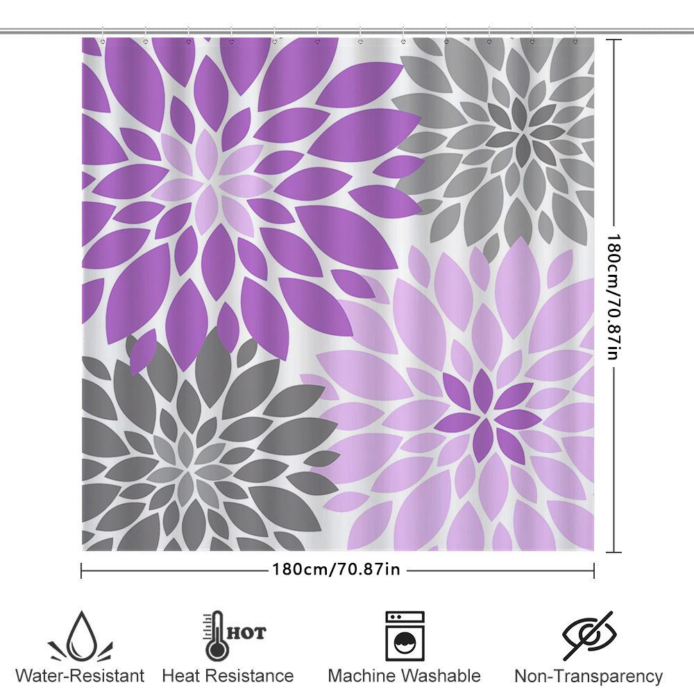 Luxury Floral Shower Curtain Set, Purple Gray, Waterproof Fabric With Hook Rings For Bathtub Decoration Home Bathroom Accessorie