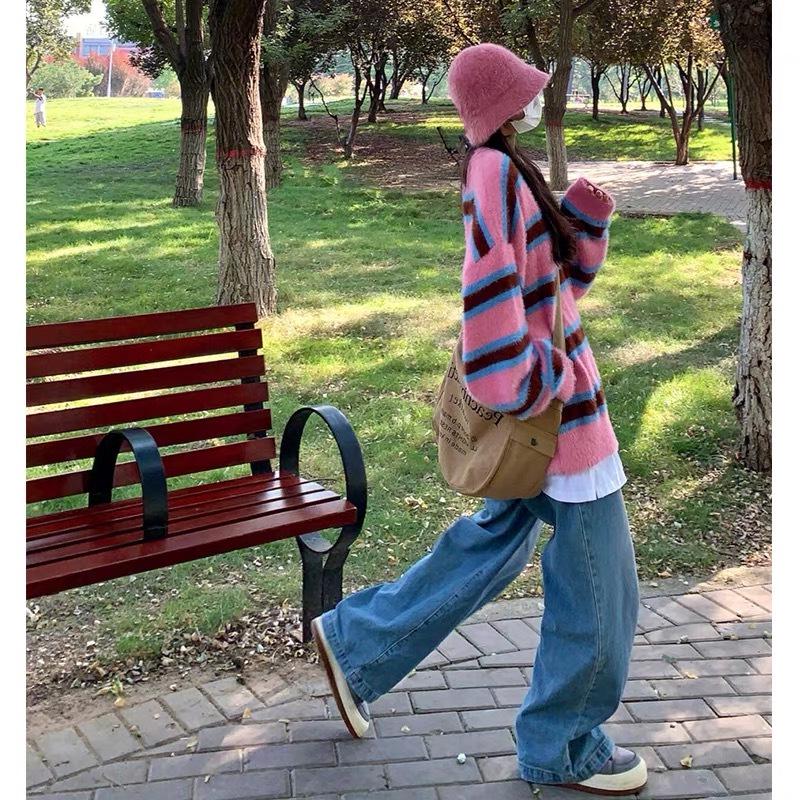 Women's Loose Fit Striped Mohair Sweater - Autumn/Winter Style with Round Neck & Long Sleeves