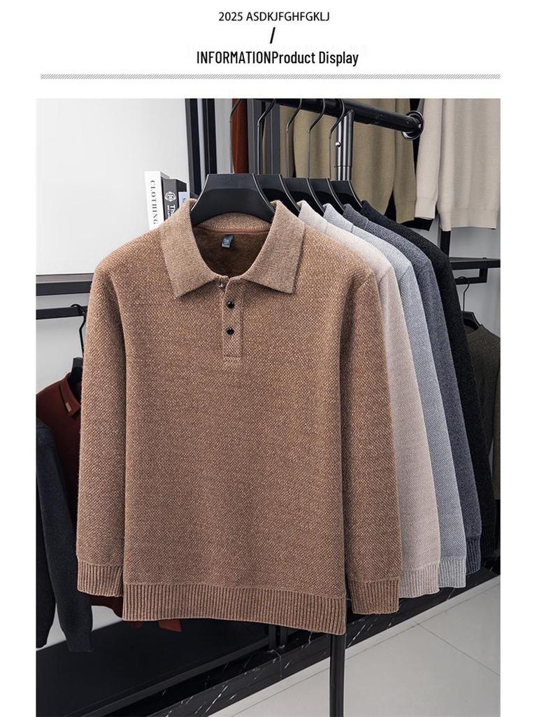 Men's Solid Mink Fleece Polo Sweater - Warm, Thick Lapel Shirt for Autumn/Winter