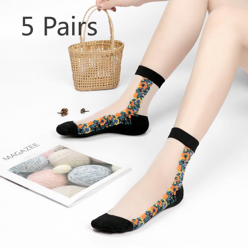 5 Pairs of Ladies Autumn Thin Floral Embroidered Glass Silk Clear Cotton Bottom Crystal Ice Stockings