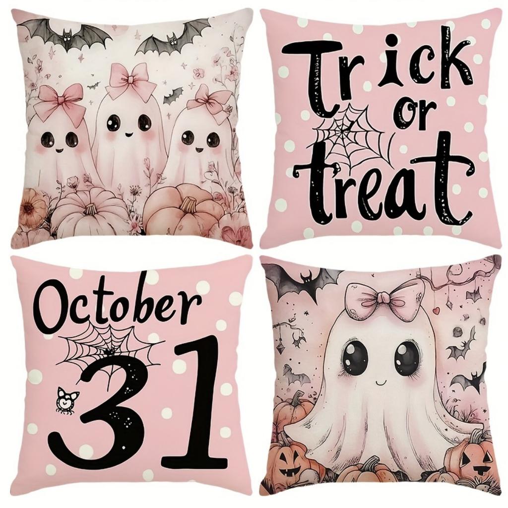 4pcs Halloween Cushion Cover Cute Ghost Scary Castle Cat Printed Washable Cover Halloween Theme Party Living Room Decoration