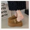 Women Genuine Leather Fleece Lined Platform Slip On Cotton Shoes 7cm Height Increasing Round Toe Warm Winter Slippers