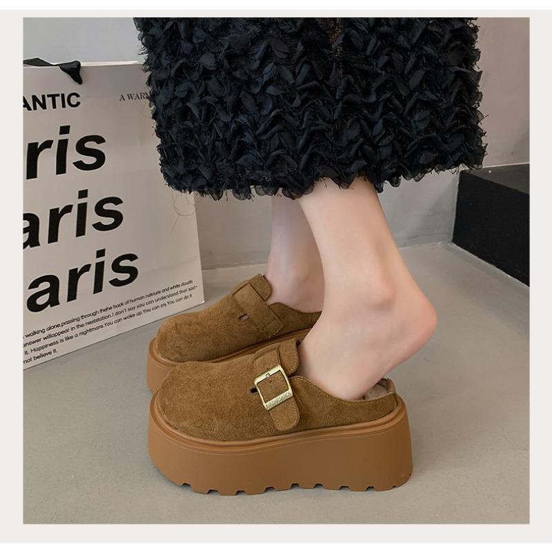 Women Genuine Leather Fleece Lined Platform Slip On Cotton Shoes 7cm Height Increasing Round Toe Warm Winter Slippers