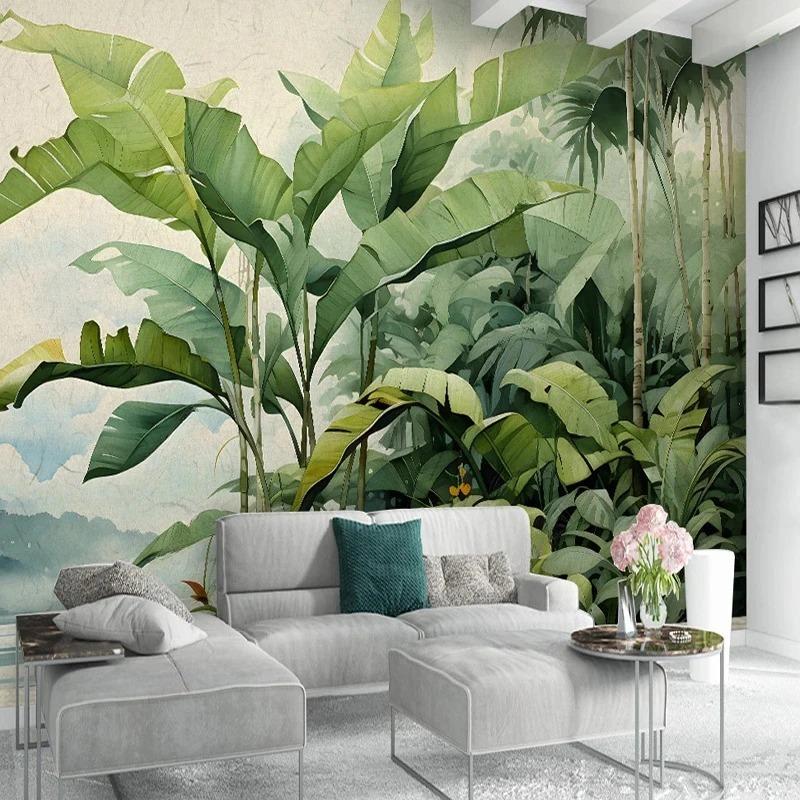 Nordic Retro Wallpaper Hand-Painted Tropical Plants Leave Wall Mural Living Room Bedroom Wallpaper Home Decor Fresco