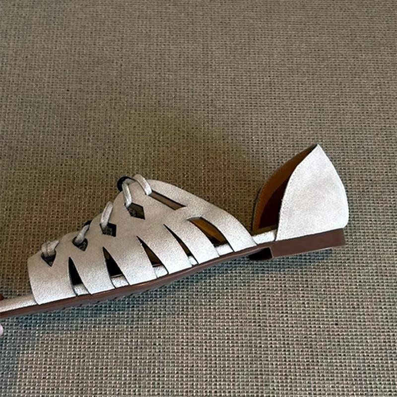 Fashion Fashion String Bead Decorative Hollow Out Flat Sandals Women Faux Suede Designer Shoes for Women Summer Casual Gladiator Sandals