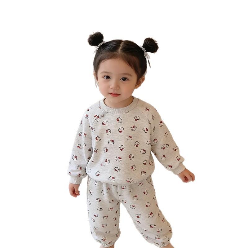 Baby Girls' Cute Cartoon Print Two-Piece Set: Round Neck Sweatshirt & Joggers
