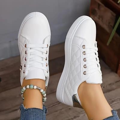Women's Solid Color Casual Sneakers,Lace Up Thick Soft Bottom Quilted Slip On Shoes,Low Top Comfortable White Shoes