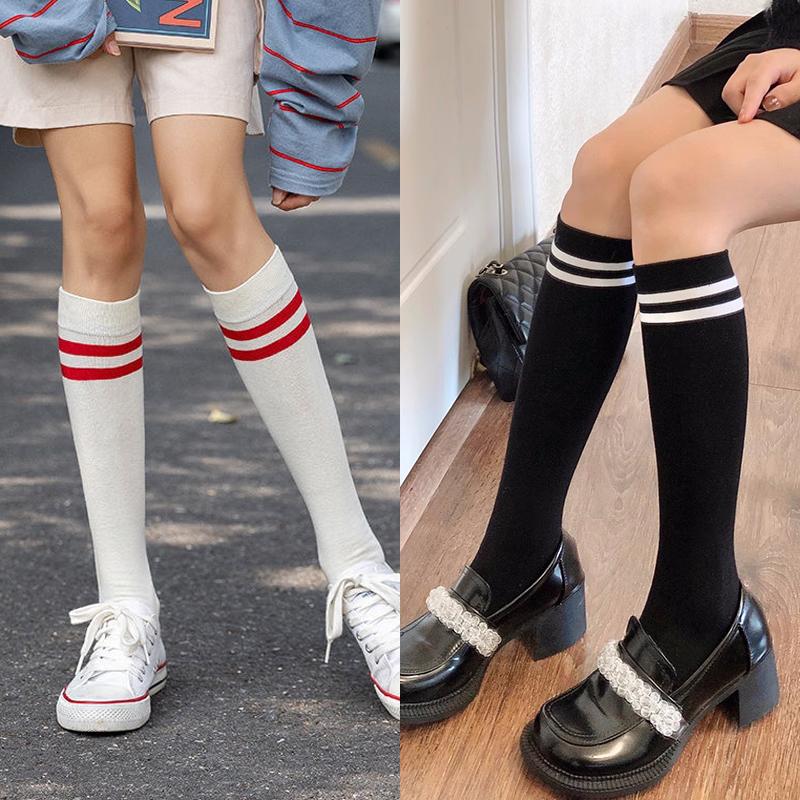 Japanese JK Knee High Socks Kawaii Striped Black White Cotton Long Tube Stockings for Women Girls Students Fashion Leg Warmers