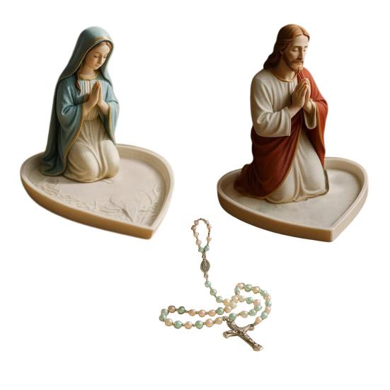 Virgin Mary Rosary Holder Resin Mary or Jesus Figurine Jewelry Dish Our Lady Prayer Rosary Dish Religious Gift Catholic Decor