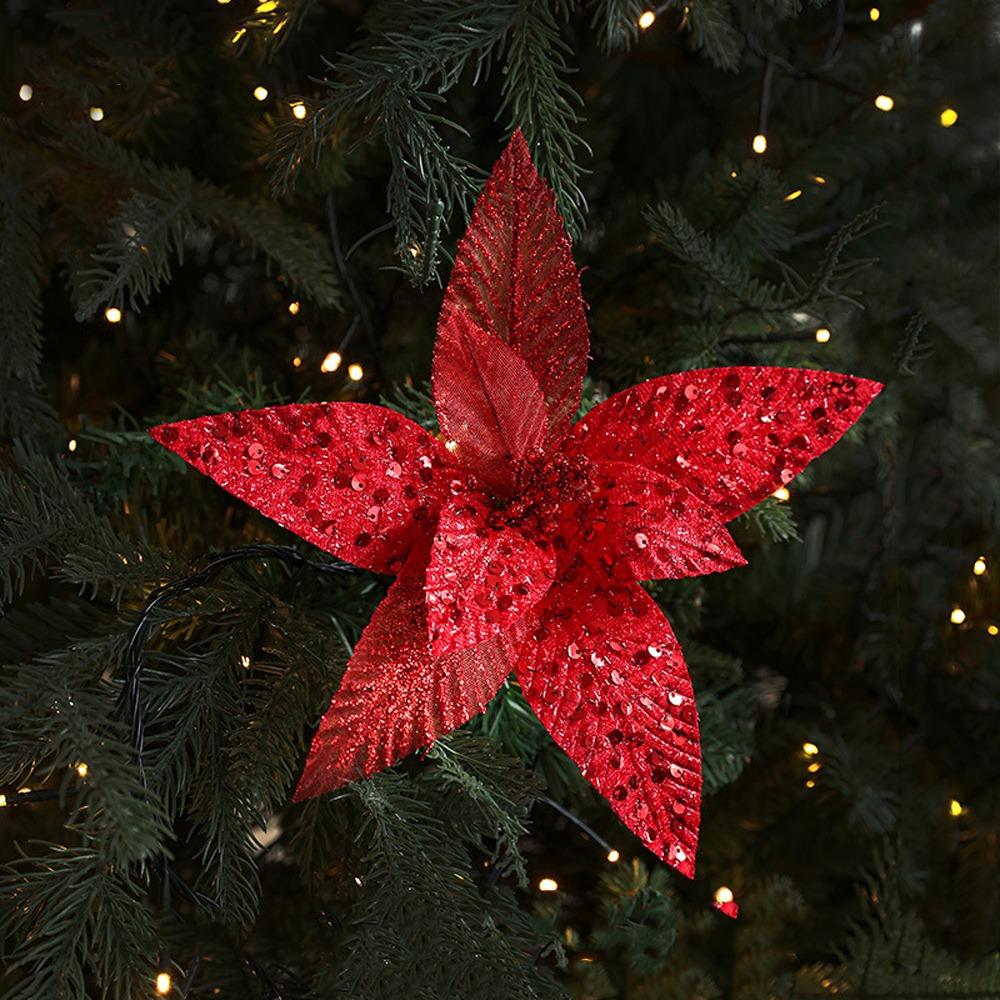 Sequin Mesh Christmas Artificial Flowers 25cm Poinsettia Flower  Festive Decoration