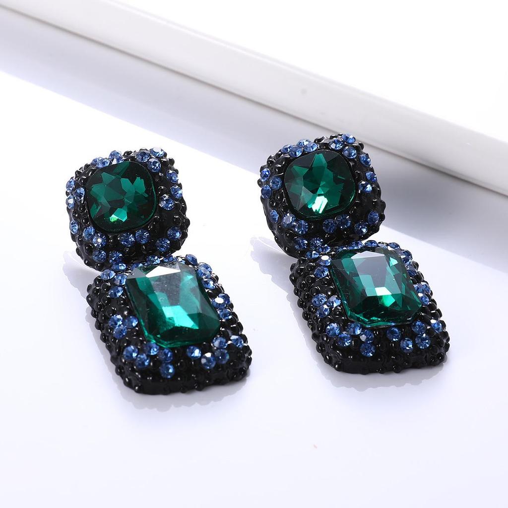 Chic European-American Square Gemstone Stud Earrings: Bold Fashion Jewelry
