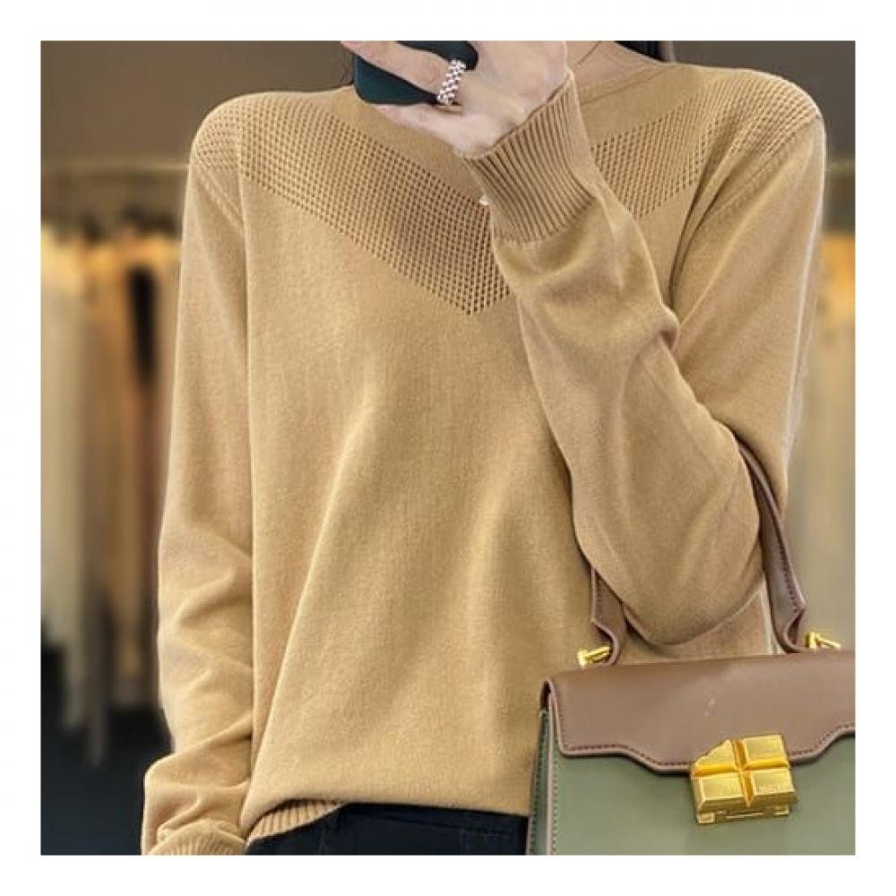 Navava Women Simple Daily Punching Round Neck Long Sleeve KniT T shirT Nk1569