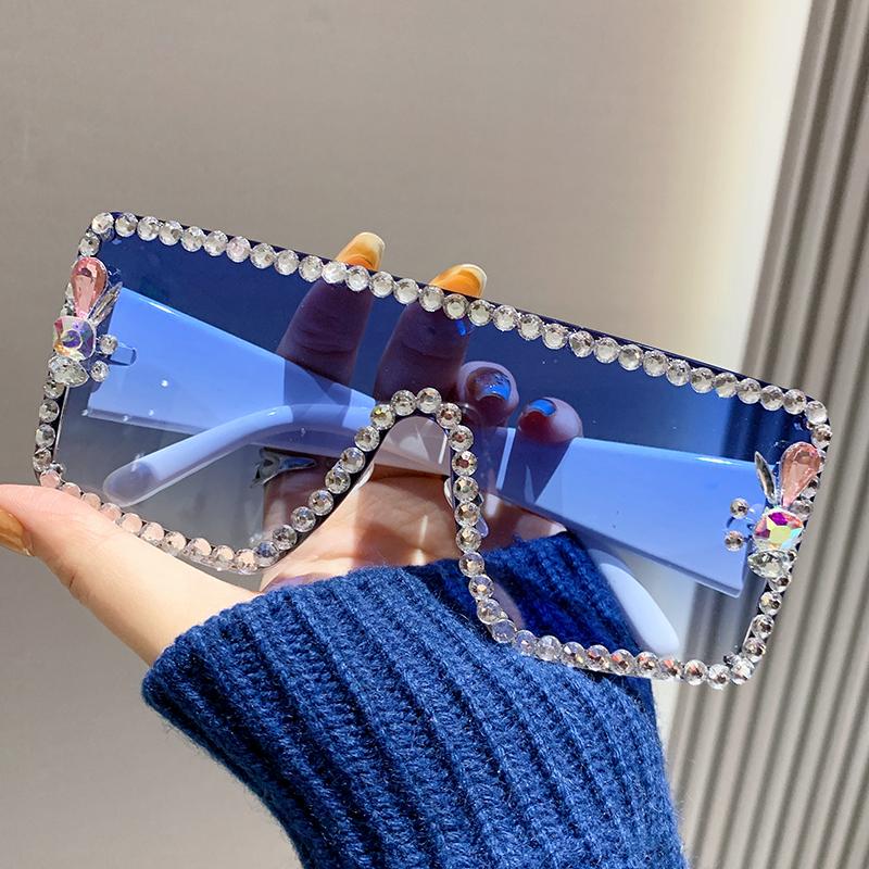 Large Frame Diamond-set Sunglasses Women's Anti-ultraviolet Glasses One-piece Sunglasses Rhinestone Glasses 5-1