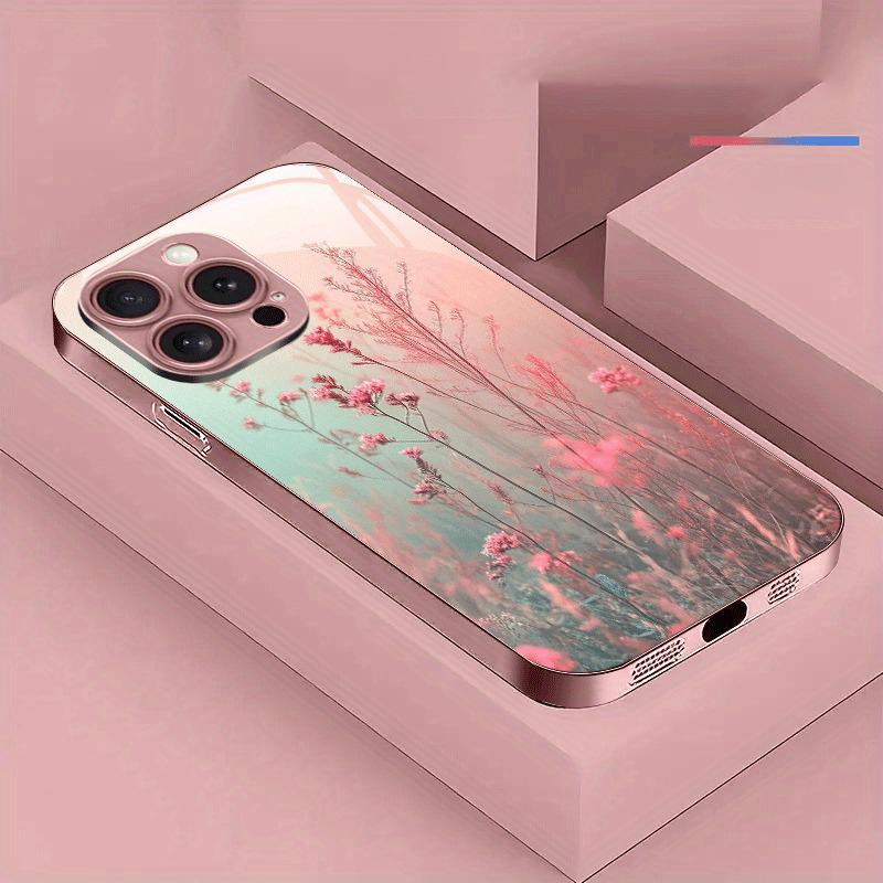 

Elegant Pink Flower Pattern Pink Metallic Paint Glass Phone Case For iPhone 17 16 15 14 13 12 11 Pro Max Plus 16E 17Air Cover iPhone 12 Pro Max