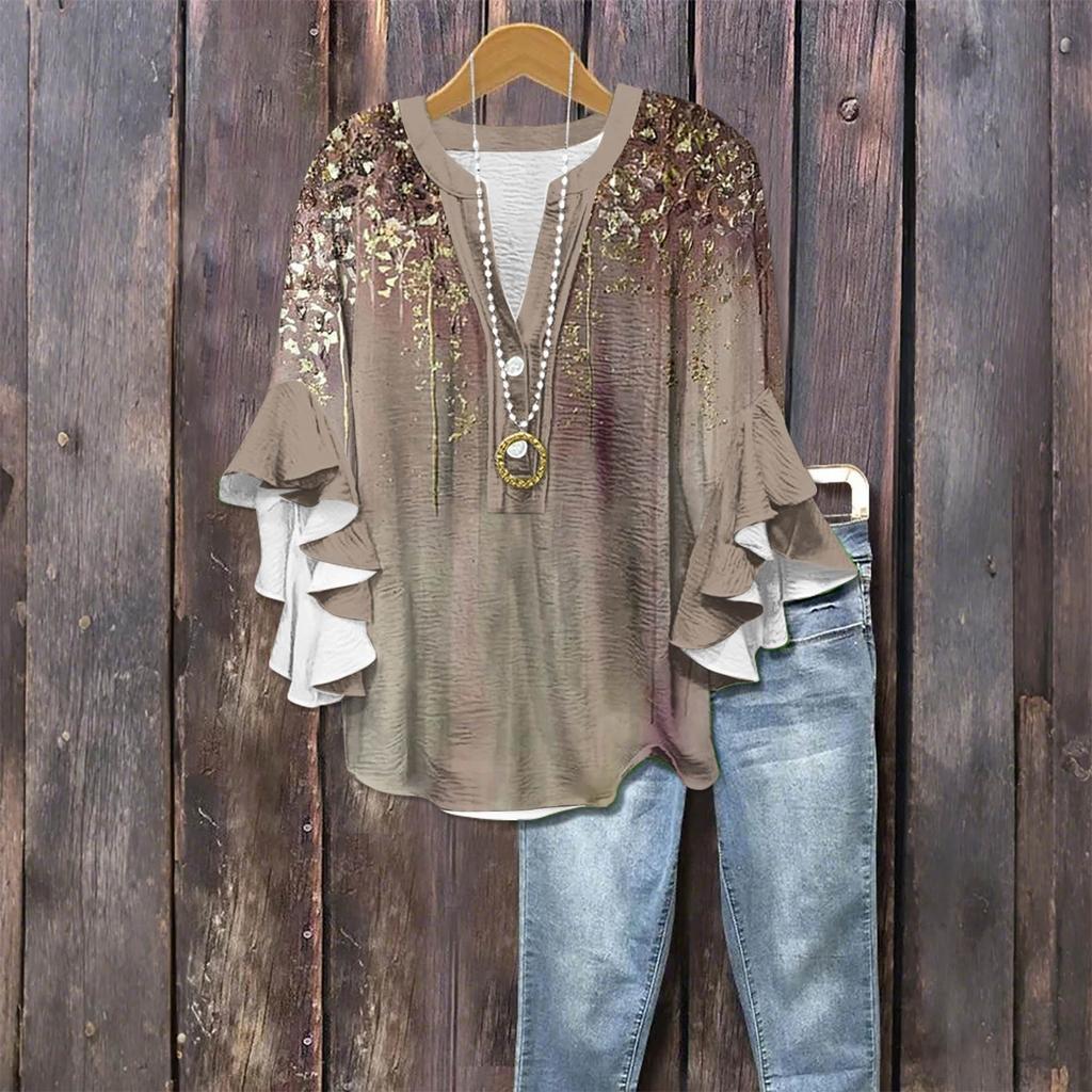 Modă Femei Casual Buton Gât V Mânecă Șapte Bluză Top Imprimeu Vintage