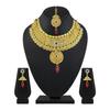 Dazzling Flower Design Gold Plated Choker Style Copper Necklace Set With Mangtikka For Women