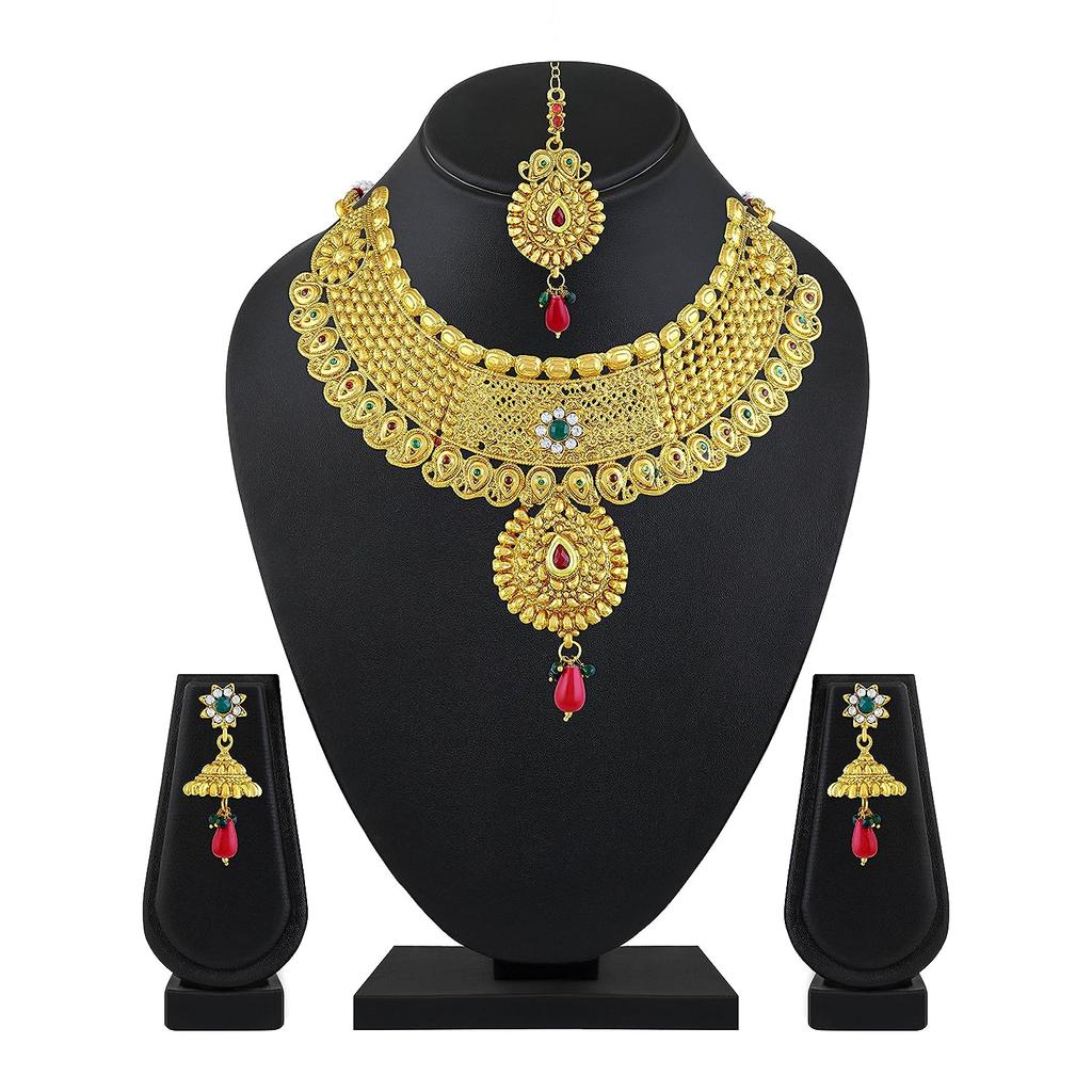 Dazzling Flower Design Gold Plated Choker Style Copper Necklace Set With Mangtikka For Women