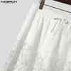 INCERUN Men Drawstring Elastic Waist Lace Patchwork Beach Loose Long Pants