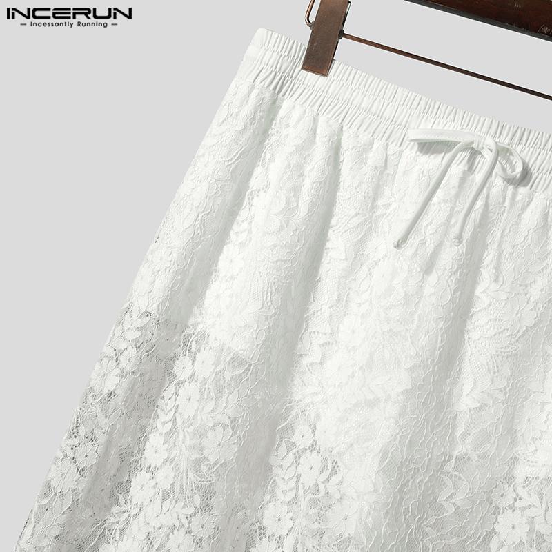 INCERUN Men Drawstring Elastic Waist Lace Patchwork Beach Loose Long Pants
