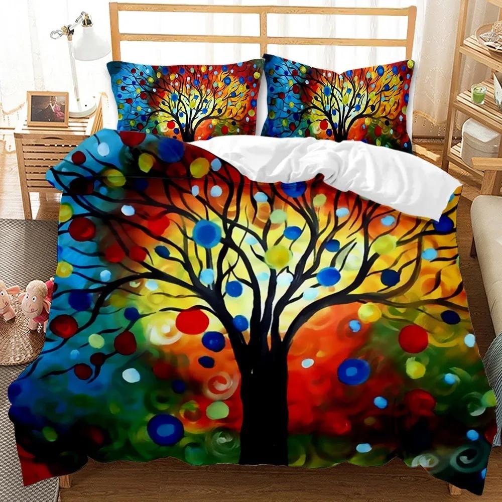 Natur-Bettbezug, digitaler psychedelischer Lebensbaum mit sich drehendem gotischen Hintergrund, Mystery-Display, Kingsize-Bettwäscheset aus Polyester