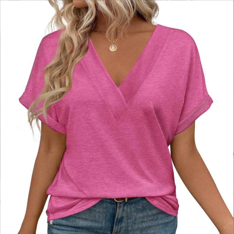 Summer V Neck Tops for Women Short Sleeve Fashion Loose Fit T Shirts Basic Tee 2025
