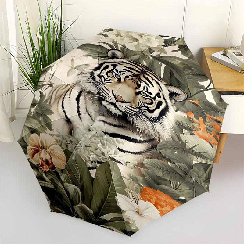 1PC Tiger Flowers Umbrella-8-Rib Reinforced Portable Folding Travel Suitable for All Seasons Outdoor Daily , Fun Design-Z0448