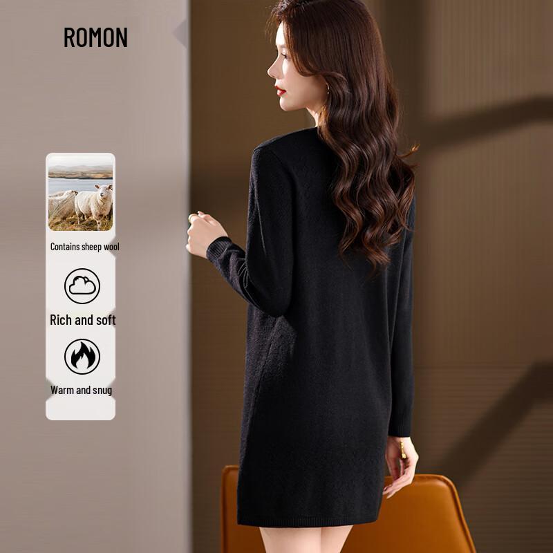 Luomen Women's Wool Blend Long Sleeve Round Neck Midi Knit Dress