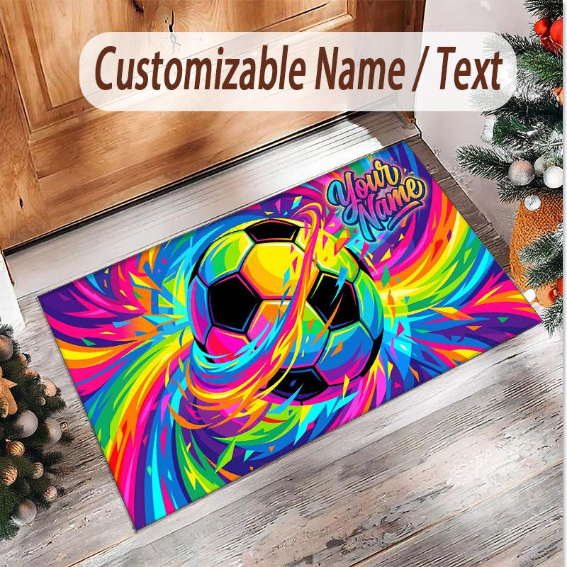 Soccer Theme Soft Crystal Velvet Rug Custom Name & Text Print Non Slip Floor Rug for Bedroom Living Room