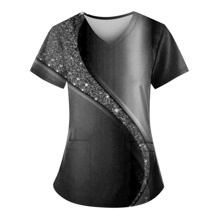 Plus Size Women's V-Neck Short Sleeve Work Scrub Top With Pockets Fun Printed Tee For Working Uniform T-Shirt