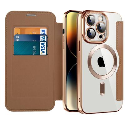 Genuine Leather Flip Wallet Cases For Magsafe Magnetic Case for iPhone 14 11 12 13 Pro Max Plus Wireless Charging Plating Clear Cover