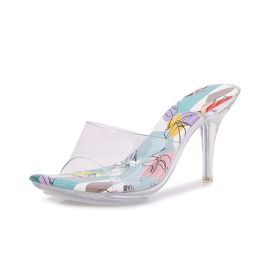 Summer Open-toed High Heels Outer Wear Temperament Colored Cool Slippers Crystal Transparent Large Size Sandals Supply