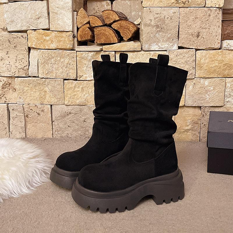 

Маленькие ботинки на скрытой платформе Женские ботинки-мартин средней высоты голенища Новые плиссированные короткие ботинки на высоком каблуке осень-зима 2025 40 чёрный