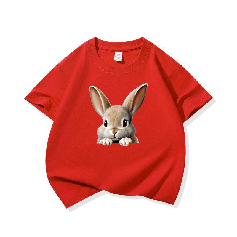Kids Cotton T Shirt Cute Peeking Rabbit Print Crew Neck Short Sleeve Tee Casual Breathable Boys Girls Summer Tops