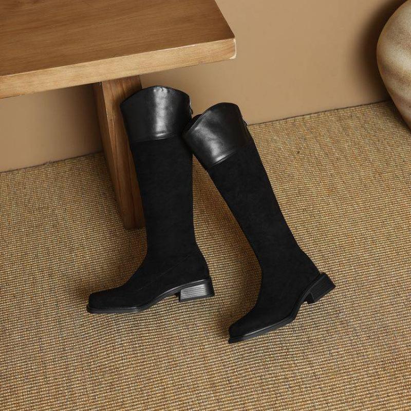 Autumn and Winter Suede Tall Boots Solid Color Large Size Women's Boots Medium Heel Back Zipper Fashion Boots Square Heel Comfortable Square Head 