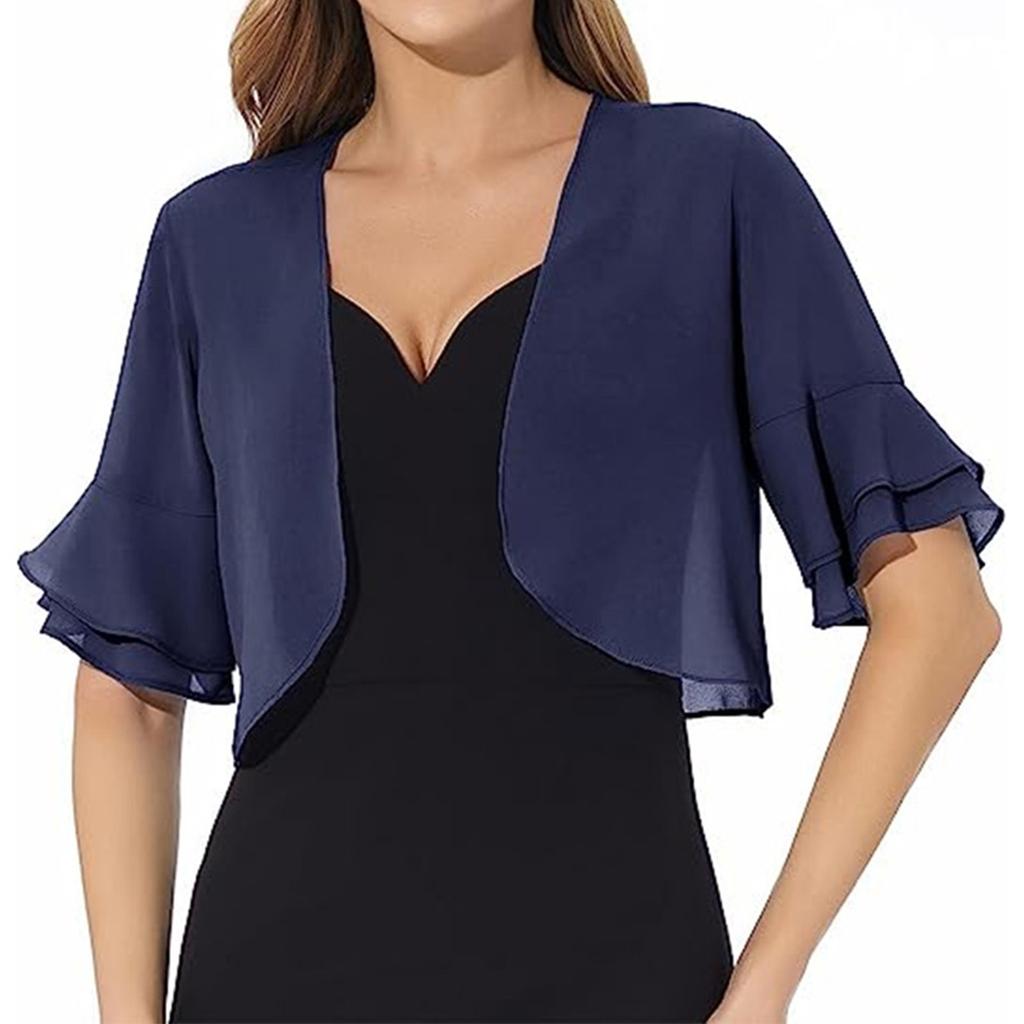 Women's Fashion Casual Summer Cardigan Half Open Collar Ruffle Sleeve Short Sleeve Coats And Tops