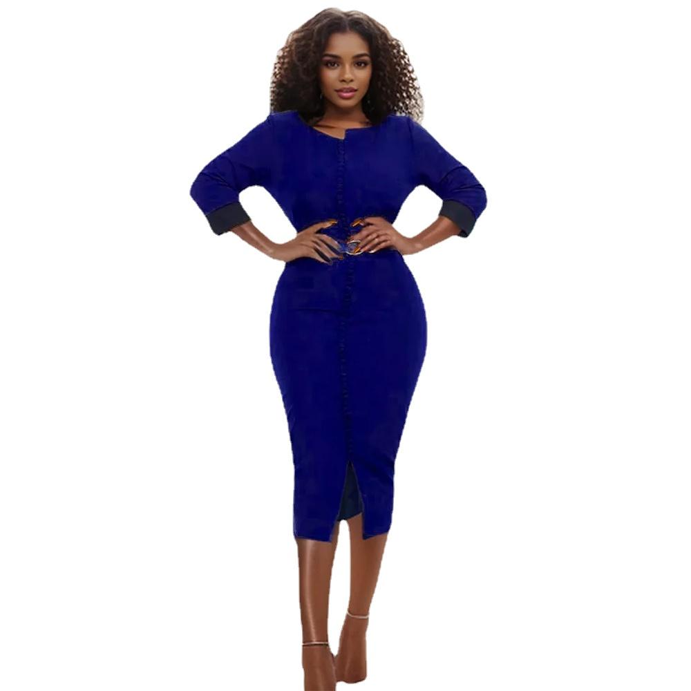 

2024 Женское африканское летнее эластичное платье оверсайз с контрастными пуговицами и разделенными концами, сексуальное и элегантное профессиональное платье.