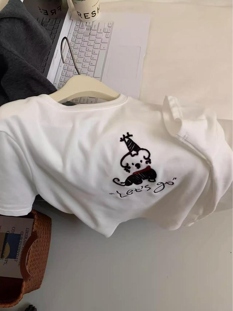 2025 Summer Women's Embroidered Dog T-shirt - Short Sleeve, Simple Line Design, Round Neck