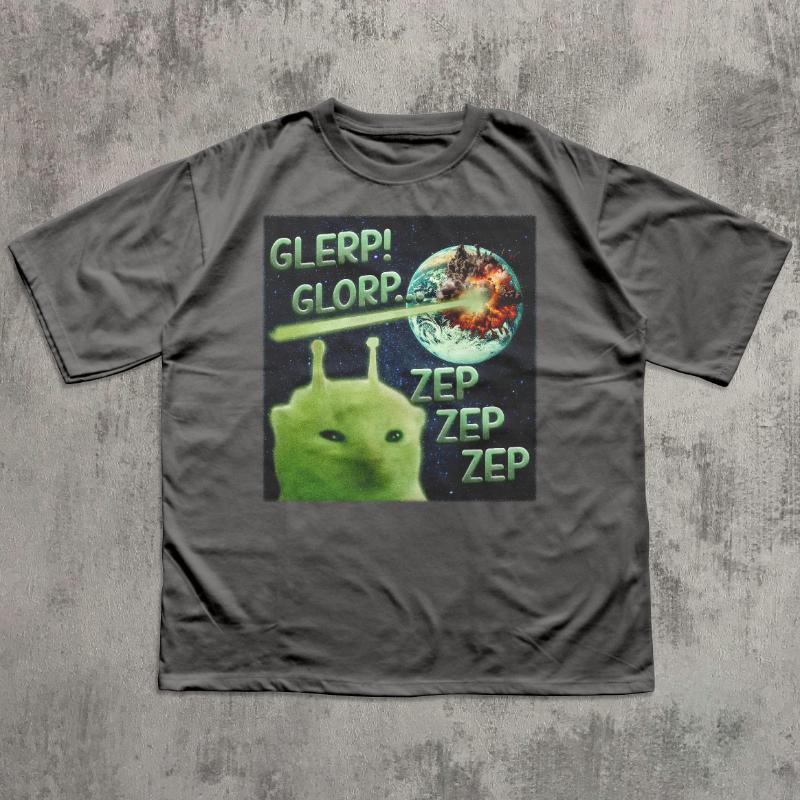 Glerp Glorip Funny Alien Cat Meme Printed Pure Cotton Fashionable and Comfortable Tshirt for Men Women Summer Mens Casual Top