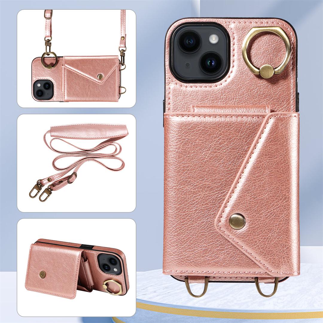 

Для iPhone 13 серии. Для iPhone 13,13 Pro,13 Pro Max плечевой ремень веревка кольцо кронштейн дизайн держатель для карт слоты личи узор чехол для телефона iPhone 13 розового золота