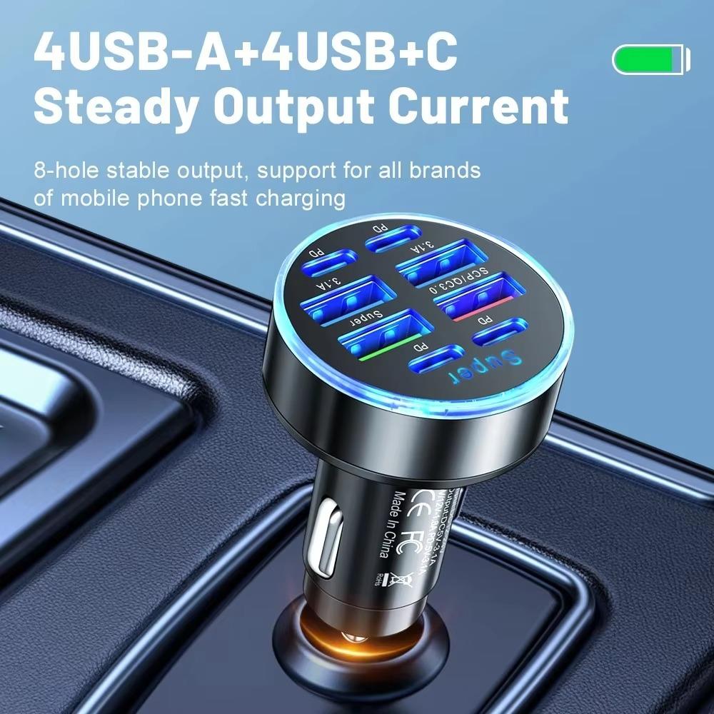 מטען מהיר לרכב 8 ב-1, מטען רב-יציאות 4USB-A 4USB-C עם PD לאייפון סמסונג וואווי שיאומי