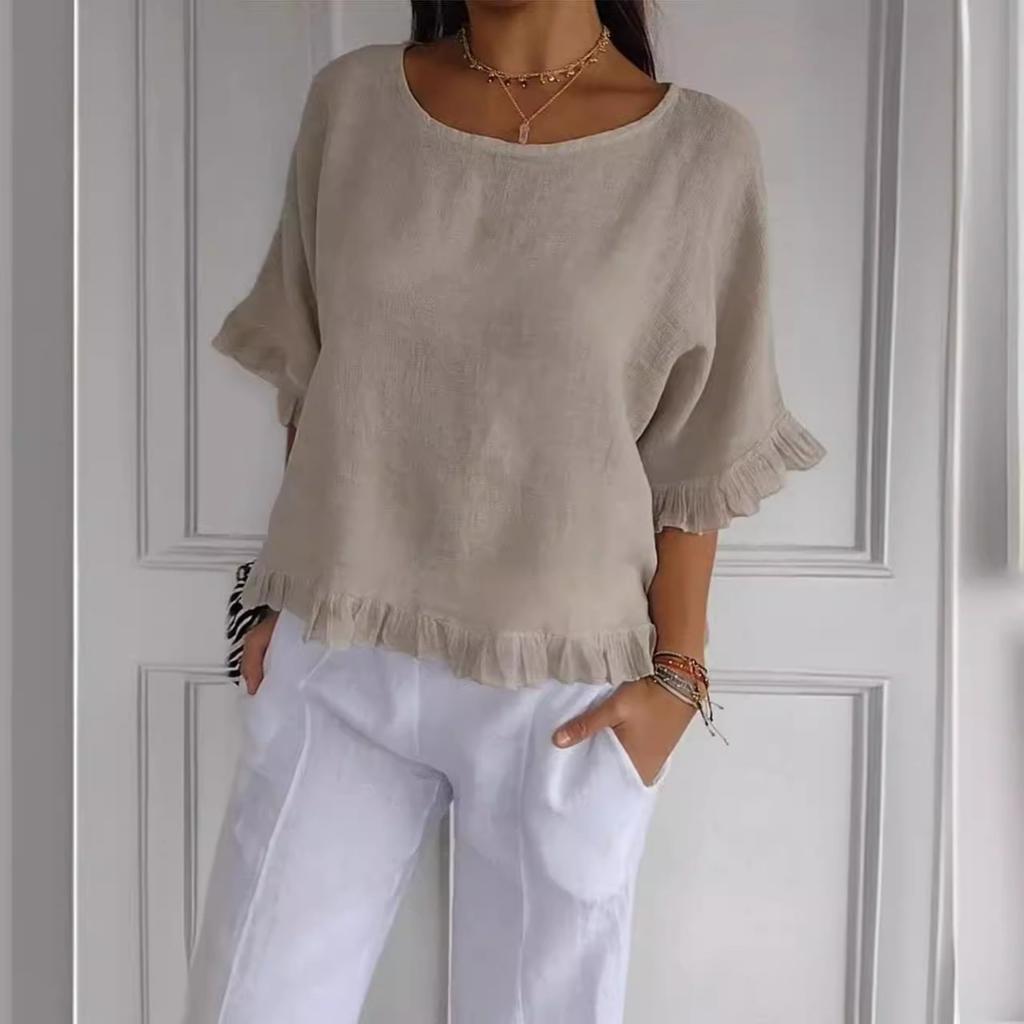 Camisa Suelta de Color Sólido de Algodón y Lino de Manga Corta con Cuello Redondo para Mujer de Verano